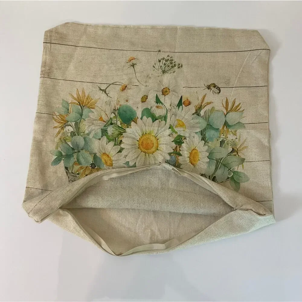 Set of 4 Farmhouse Floral Throw Pillow Covers 18x18 Daisy Bee Truck Beige